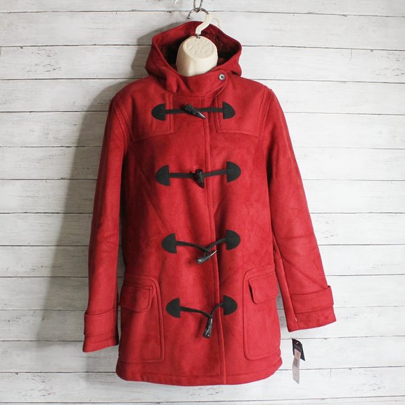 Chaps Women's Winter Coat Size L Red Toggle Jacket Faux Suede Hooded - Picture 1 of 8